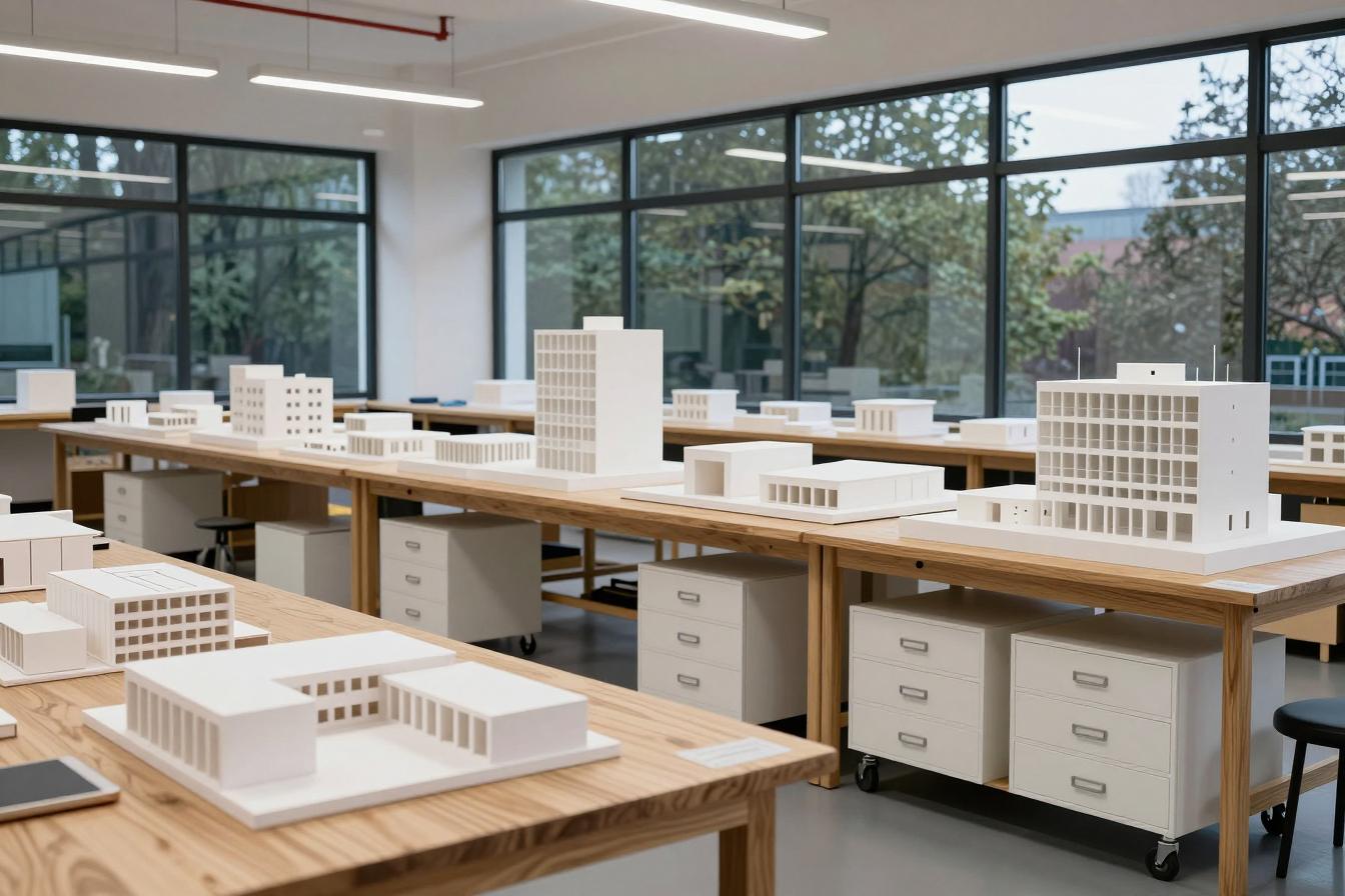 Sala del estudio en Vitacura: mesas largas de roble, maquetas blancas, planeras y ventanales hacia los árboles