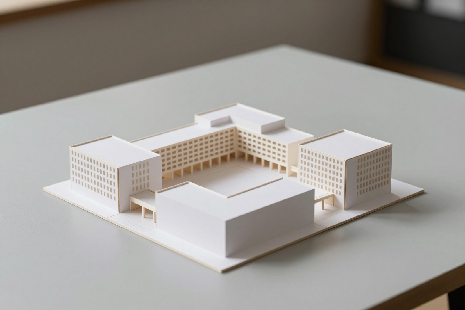 Maqueta blanca de una manzana con patio central