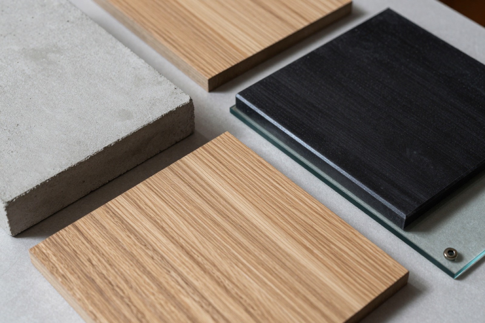 Muestras sobre una mesa: hormigón, dos tablas de roble, una placa de acero negro y un vidrio