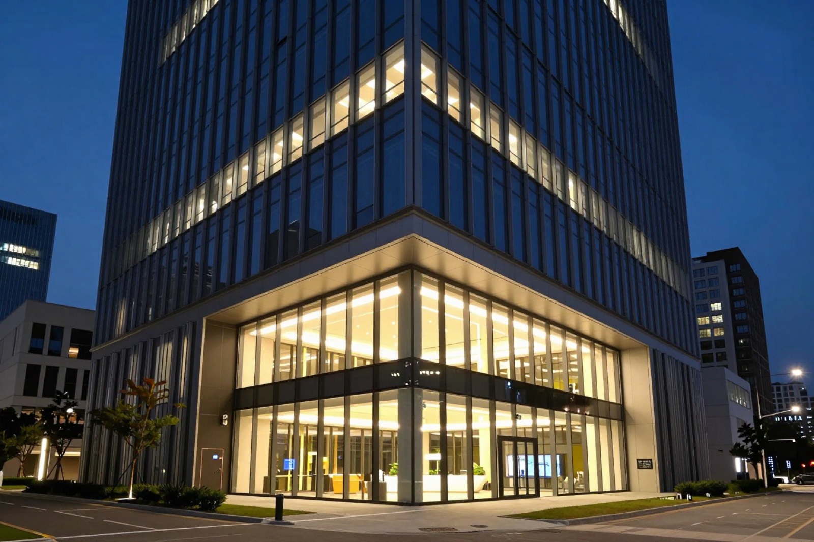 Edificio de oficinas de vidrio iluminado de noche, con el acceso en doble altura encendido