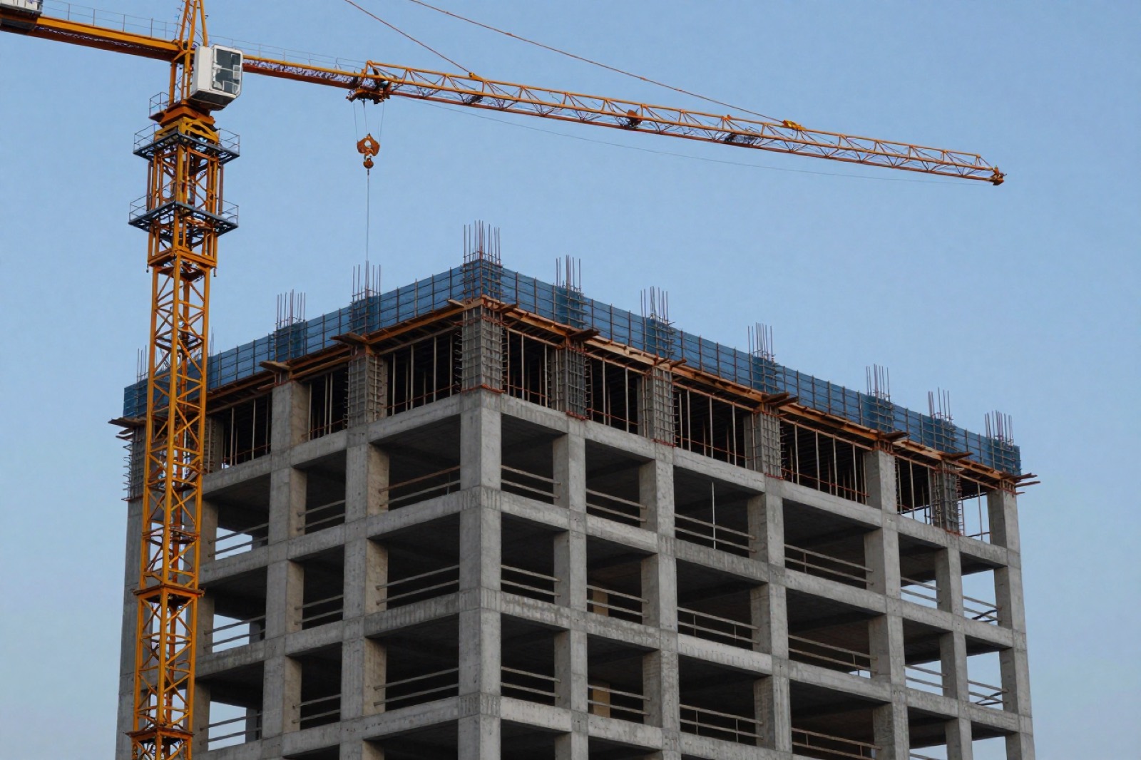 Edificio de hormigón en obra gruesa con una grúa torre, cielo despejado