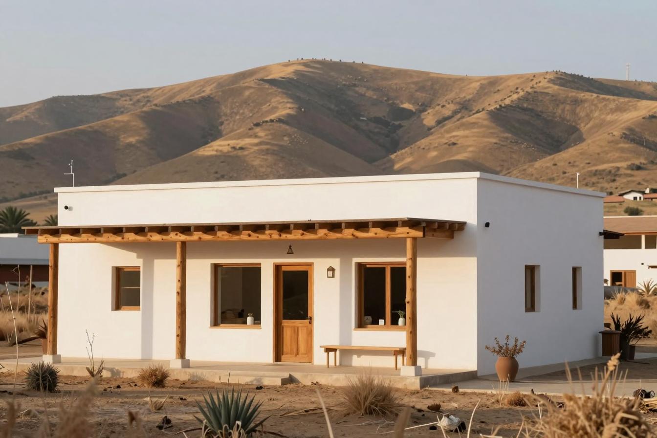 Pabellón blanco de un piso con corredor y pérgola de madera, jardín seco y cerros de Chicureo al fondo
