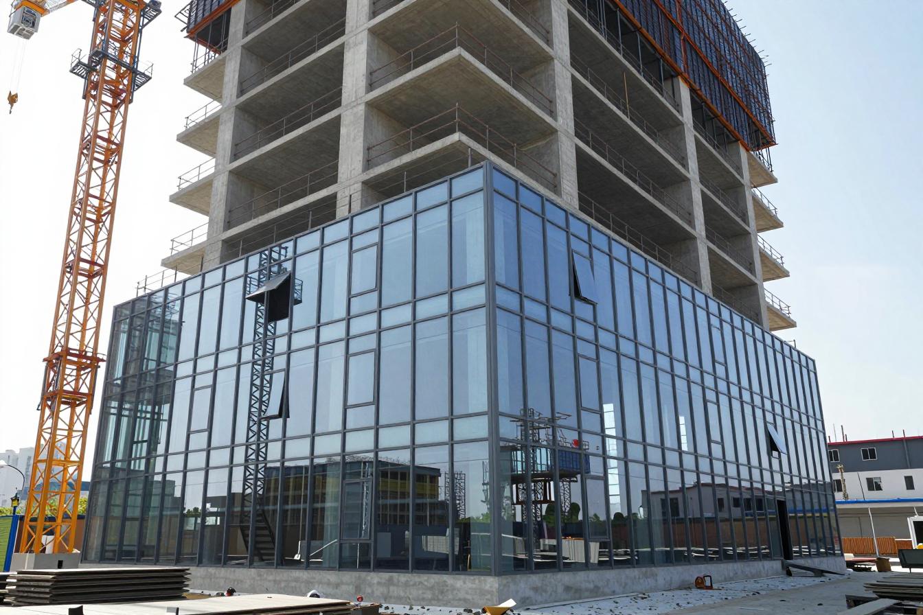 Edificio mixto en obra: zócalo vidriado terminado y estructura de hormigón arriba, con grúa torre