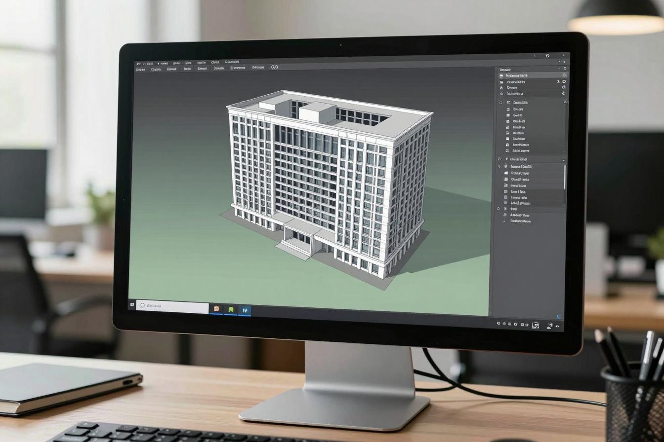 Monitor en el estudio con el modelo BIM de un edificio