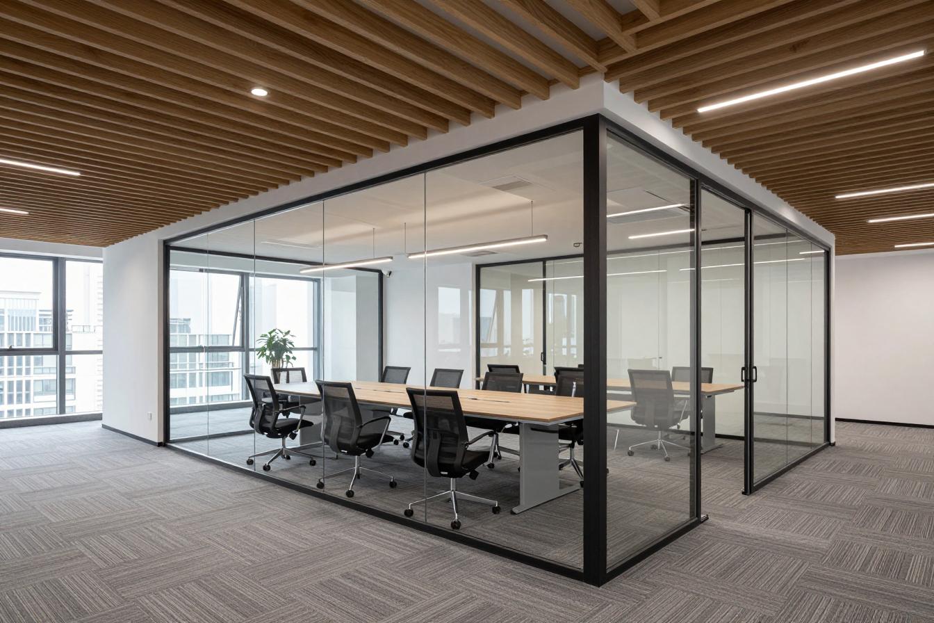Planta de oficinas habilitada: cielo de listones de roble, sala de reuniones vidriada y alfombra gris