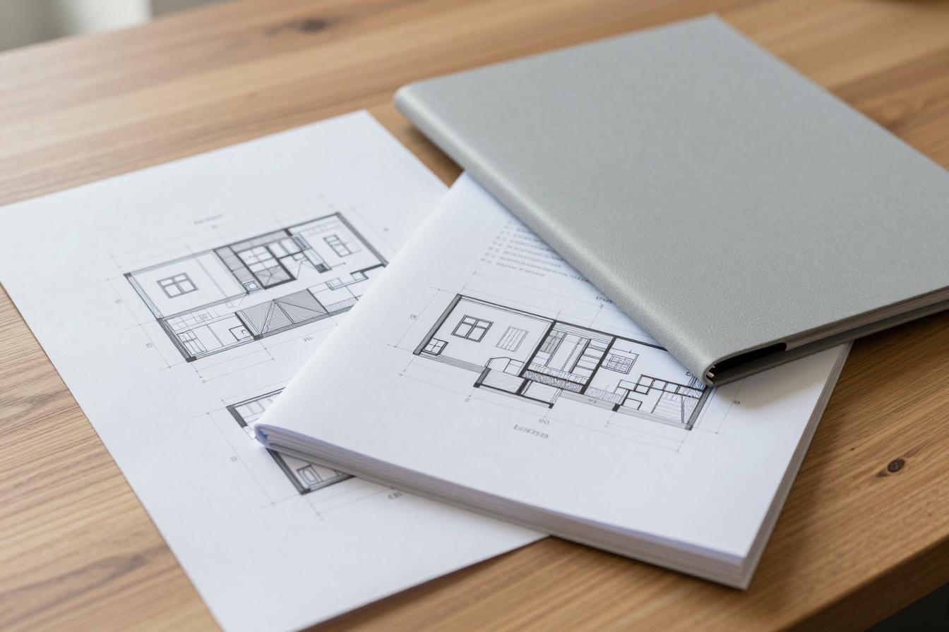 Plantas de arquitectura impresas y una carpeta del expediente sobre una mesa de madera