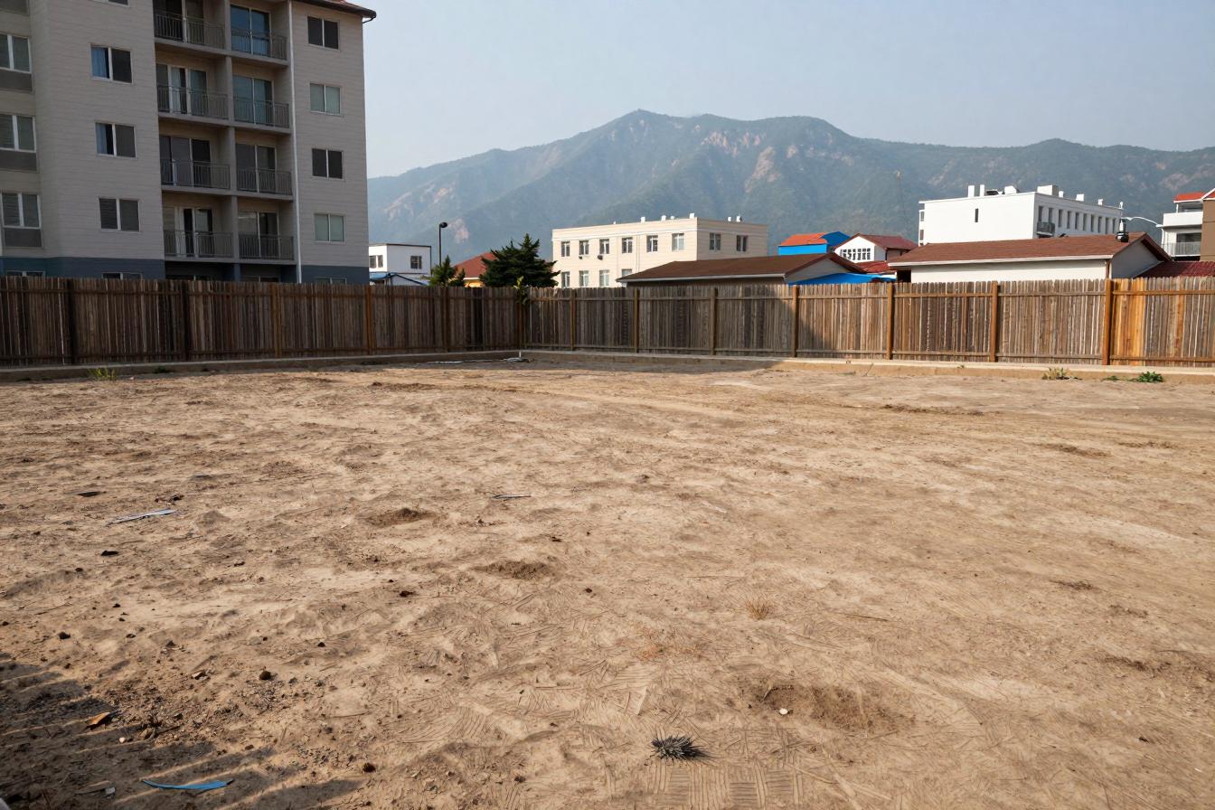 Sitio eriazo con cierre de madera, edificios de departamentos y la cordillera al fondo