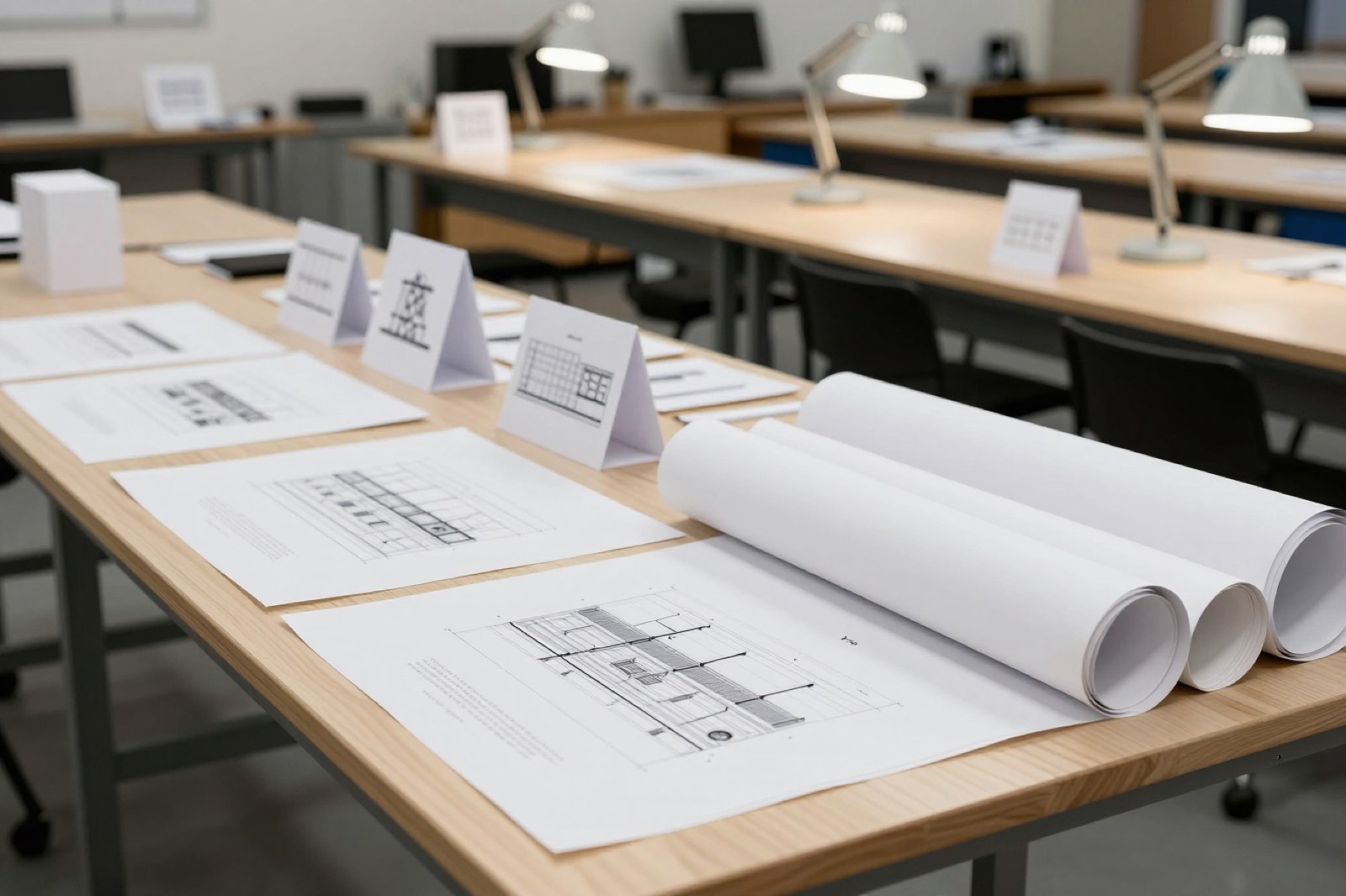 Mesas de taller con planos enrollados, láminas impresas y pequeñas maquetas