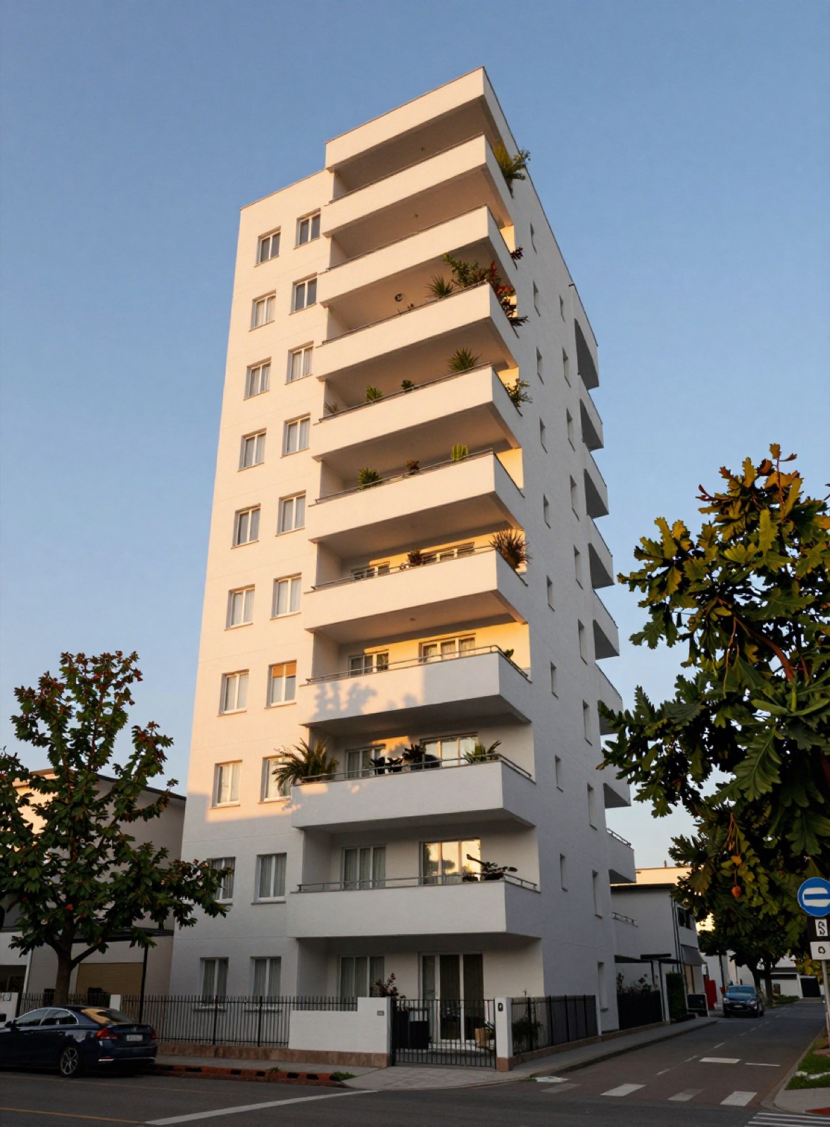 Torre residencial blanca con balcones corridos, luz de tarde