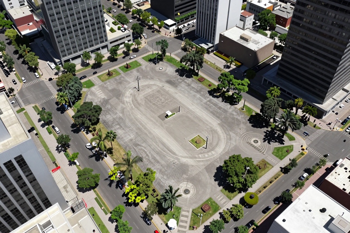 Vista aérea de un paño pavimentado rodeado de torres de oficinas y calles arboladas