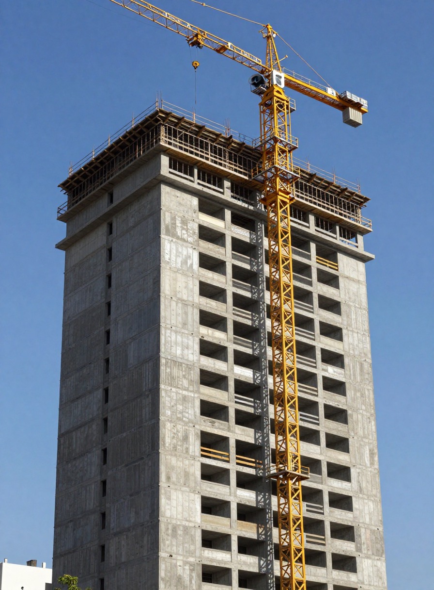 Torre de hormigón en obra gruesa con grúa torre, cielo despejado