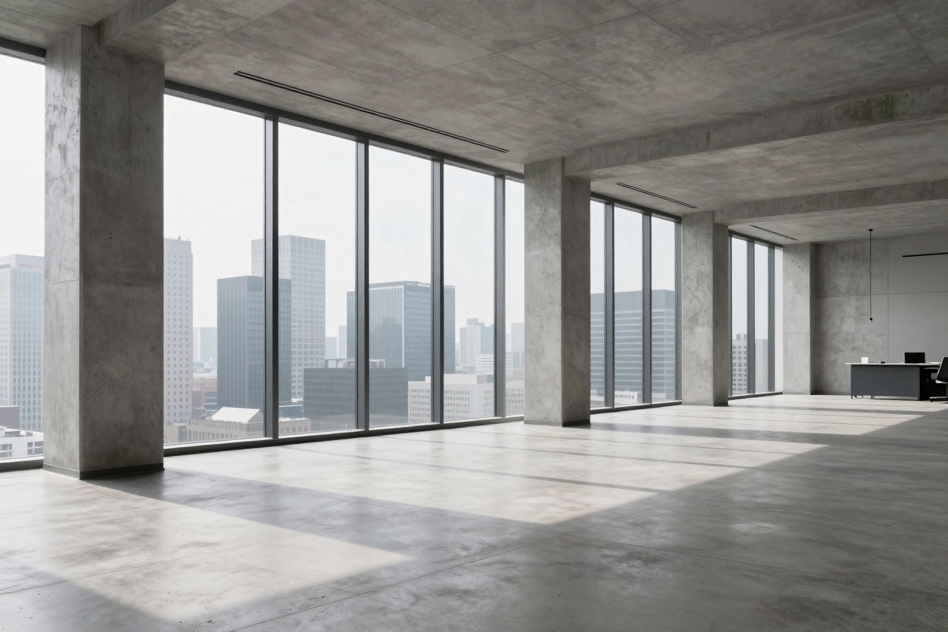 Planta libre de oficinas vacía, con pilares de hormigón y ventanales hacia la ciudad.