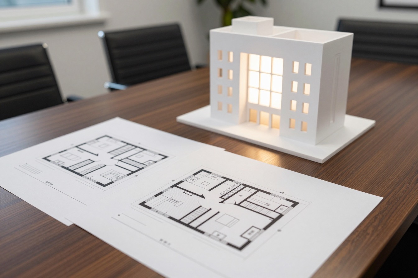Mesa de reuniones con plantas de arquitectura impresas y una maqueta blanca de un edificio, sin personas.