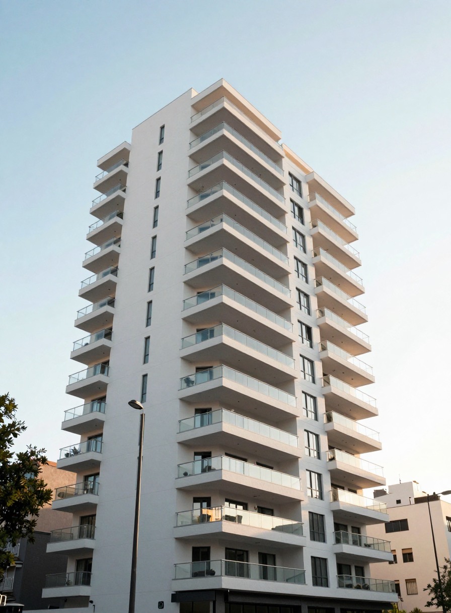 Torre residencial blanca con balcones corridos vista desde la calle