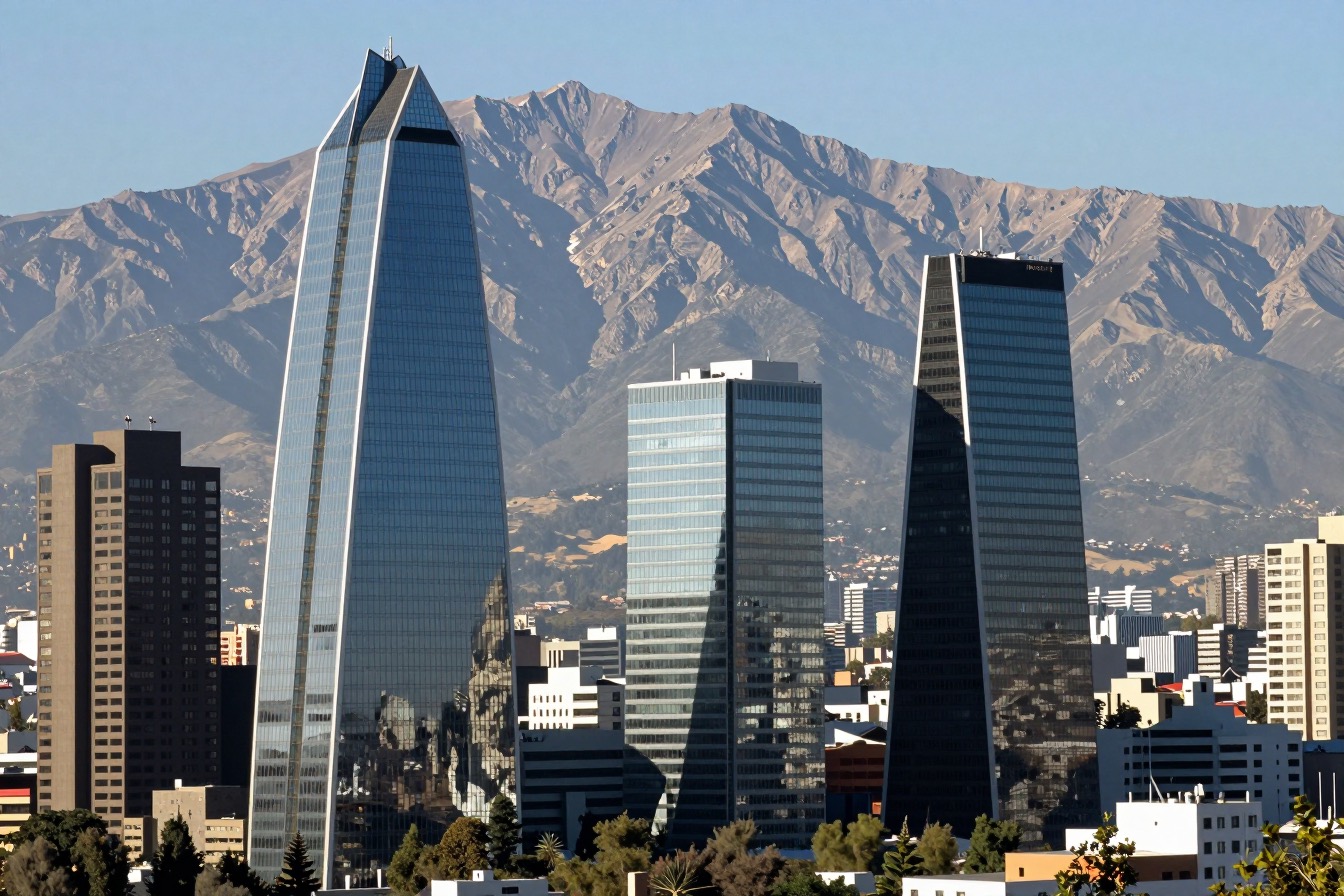Torres de oficinas de vidrio frente a la cordillera en el distrito El Golf, Las Condes