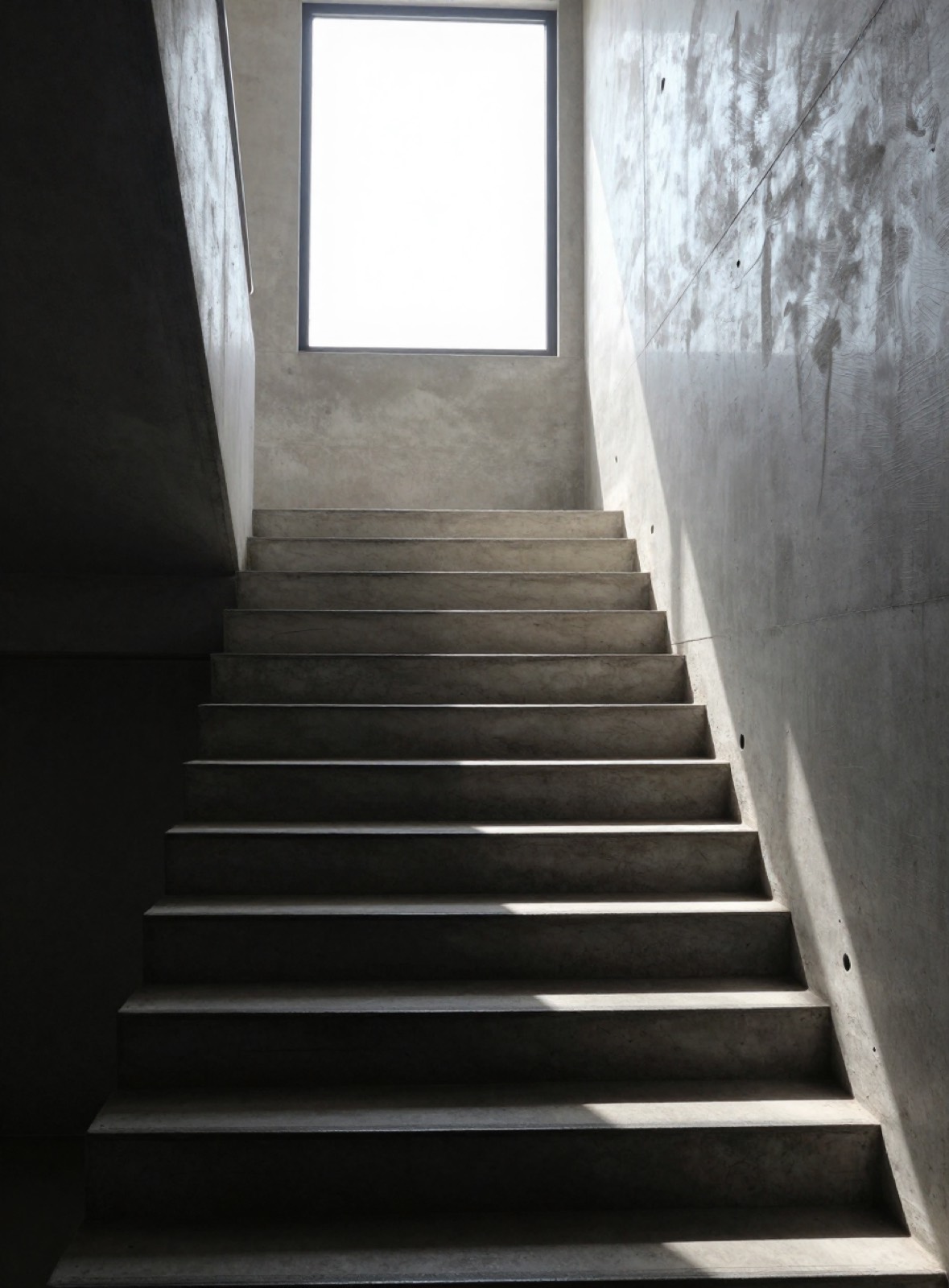 Escalera de hormigón a la vista iluminada por una ventana alta, con sombras profundas