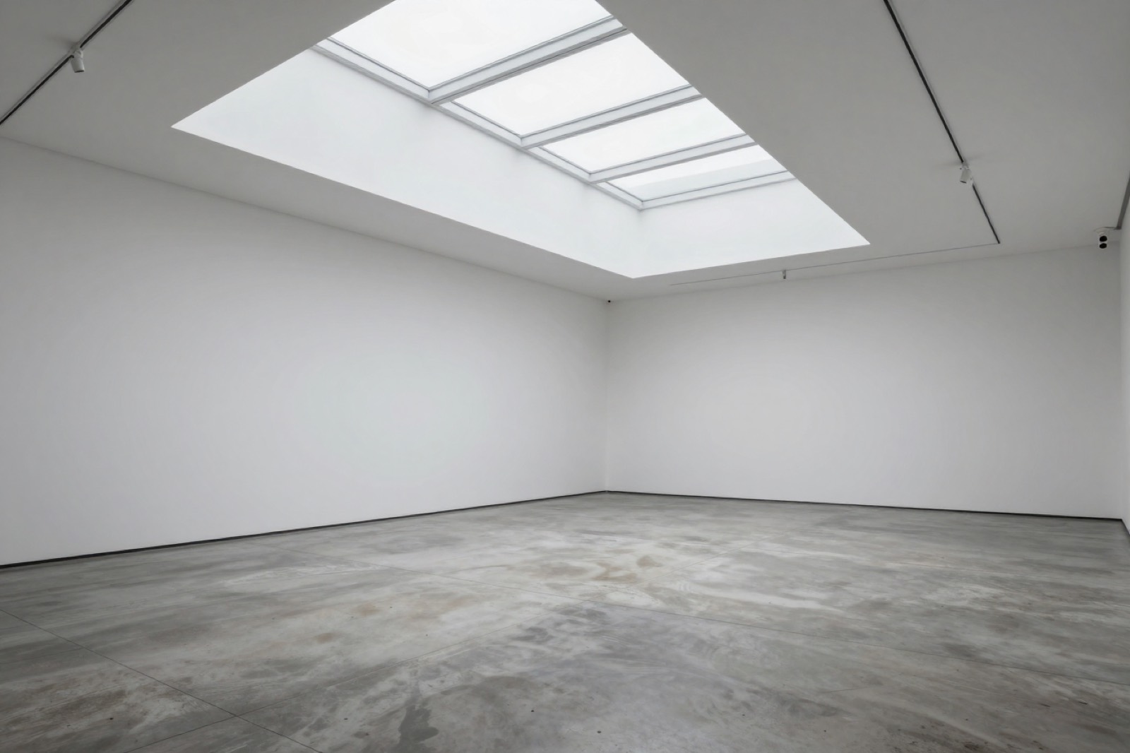 Sala de exposiciones vacía con un lucernario largo, muros blancos y piso de hormigón