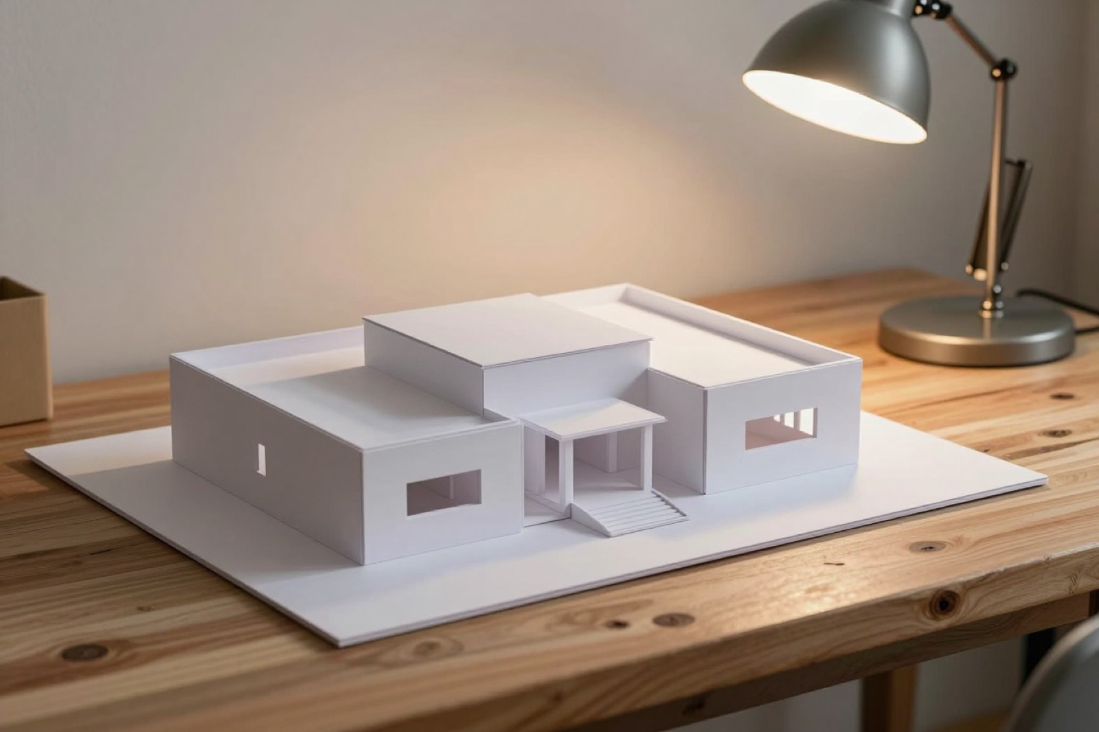 Maqueta blanca de cartón sobre una mesa de madera, iluminada por una lámpara que hace de sol