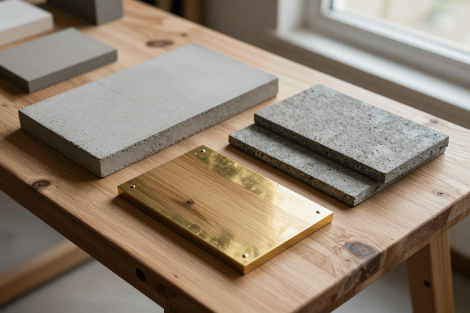 Muestras de hormigón, piedra gris y una placa de latón sobre una mesa de madera, junto a una ventana