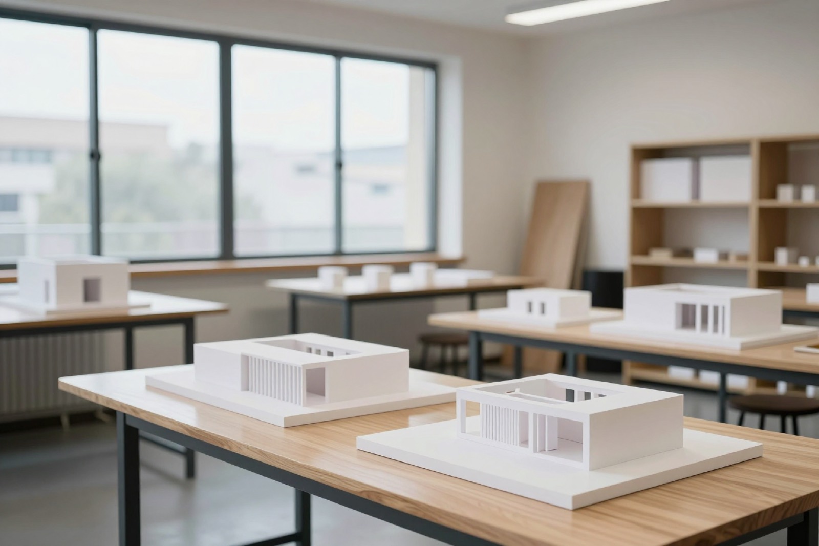 El taller: mesas de madera con maquetas blancas de cartón frente a un ventanal, estanterías con cajas de muestras al fondo